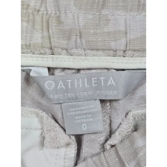Athleta Cabo Tide 100% Linen Jogger Pants Size 0 Beige Camo Womens Relaxed Fit - Picture 2 of 4